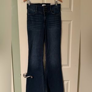 High rise hip hugging dark wash flares